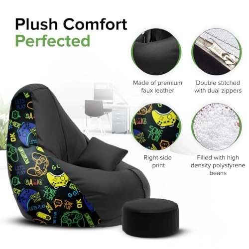 Image of Amazon Brand - Solimo 6XL Premium Faux Leather Bean Bag Combo with Footrest & Cushion, Filled with Beans | Capacity: Upto 6 Ft 9 in Height, 135 KG Weight | Gamer's Den | Black