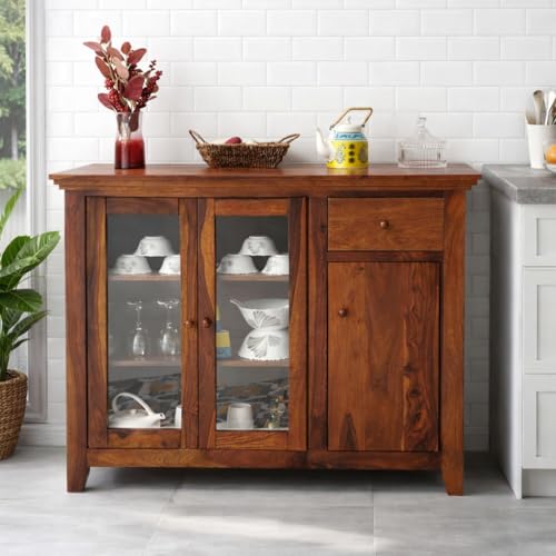 Image of Solid Sheesham Wood Sideboard Cabinet for Living Room | Crockery Cabinet with 2 Acrylic Glass Door | Kitchen Display Unit | 2 Acrylic Glass Doors, 1 Door Cabinet & 1 Drawer | Honey