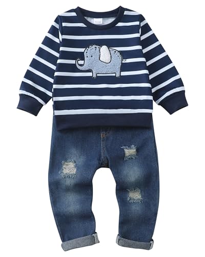 Renotemy 3T 4T Boys Clothes Toddler Fall Outfits Navy Blue Long Sleeve Pullover Sweater Denim Ripped Jeans Set Cute Little Boy Striped Outfit Winter Elephant Clothes Denim Clothing Sets Size 3-4T