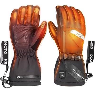 KEMIMOTO Waterproof EVA-Pad Heated Gloves for Men with Battery, PU Leather Snow Gloves for Women, Touchscreen Snowmobile Gloves, Heated Ski Gloves, Snowboarding Gloves, Electric Glove for Cold Weather