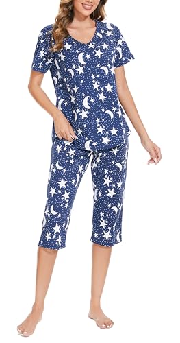 Weite Pyjama Damen Kurz Set,Capri Schlafanzug Sommer Baumwollmischung,Bequemen Lounge Set Zweiteiler Oberteil und 3/4 Hose für Frauen Freizeit...