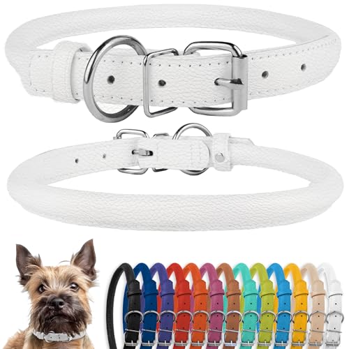 CollarDirect Collare per cani arrotolato in pelle, morbido collare rotondo imbottito per cuccioli, collare fatto a mano in vera pelle per cani piccoli collari (6-7 pollici, strutturato bianco)
