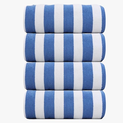 Organix Oversized Beach Towel 36'x72', Large Highly Absorbent Cabana Striped Pool Towels, 100% Ringspun Cotton Bathroom and Pool Towels 4 Pack, Adult Luxury Beach Towels, Quick Dry Lightweight - Blue