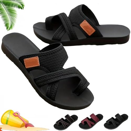 Sandals for Women 2026 Breathable Mesh Slip-On Open Toe Crisscross Strap Non-Slip Sole Casual Comfortable Flip Flops (Black,25.5