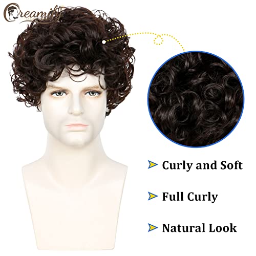 Image of Creamily Curly Synthetic Hair Wig for Men | Full Head Wig for Men with Buckle Net | Heat-Resistant Curly Hair Wig for Man for Daily Styling & Events (8Inch, Natural Brown)