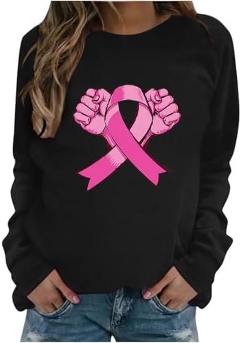 Pink Ribbon Shirts For Women Breast Cancer Awareness Crewneck Sweatshirts Long Sleeve Breast Cancer Survivor Clothes