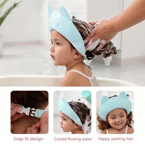 Image of Shower Cap for Kids, Baby Shower Cap bath wash Shampoo rinser shield Hat Adjustable head hair Visor Protection Toddler and Children,Prevent water from entering eyes and ears (Blue fox)