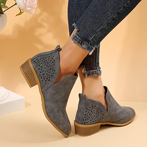 JITUUE Ankle Boots for Women Casual Cut Out Slip On Low Heel Short Chunky Stacked Heel Perforated Side V Cut Western Booties Cutout Shoes(Grey,US 6 — view 4