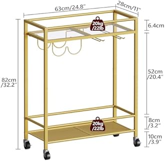 Gold Bar Cart, Beverage Cart with Wheels, Bar Cart for The Home, 2-Tier Drink Cart with Wine Rack and Glass Holder, Kitchen, Dining Room, Gold RCJ63B01Z