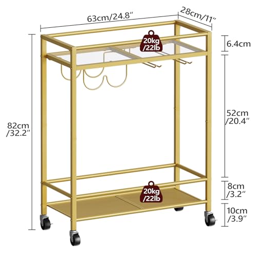 Gold Bar Cart, Beverage Cart with Wheels, Bar Cart for The Home, 2-Tier Drink Cart with Wine Rack and Glass Holder, Kitchen, Dining Room, Gold RCJ63B01Z