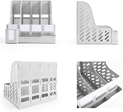 Lemical Desktop File Magazine Organizer 4 Compartments Plastic File Holder Desktop Magazine Storage Rack Sturdy A4 Documents Organiser File Dividers School Office Supplies (Gray with Pen Holder)