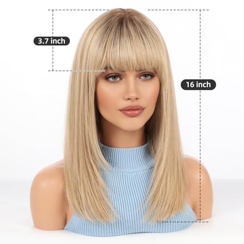 Image of KKU 16 Inch Human Hair Wig,Human Hair Wigs,Human Hair Wig With Bangs, Lady Wigs Human Hair, Real Hair Wigs For Women