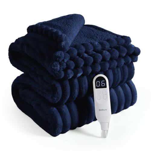 Image of Bedsure Thick Electric Blanket Twin, Heated Blanket Throw, ETL, Navy Blue