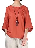Minibee Women's Loose Cotton Linen Blouse Round Neck with Chinese Frog Button (XL, Orange)
