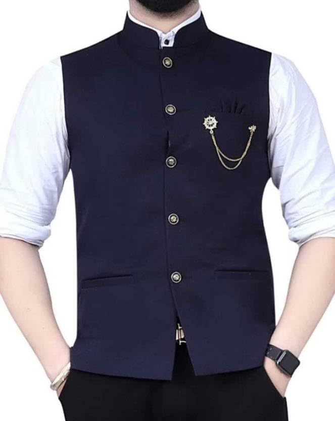 Men's Nehru Style Waistcoat, Black Premium Matty Fabric, Sleeveless Regular Fit, Chain Brooch Detail