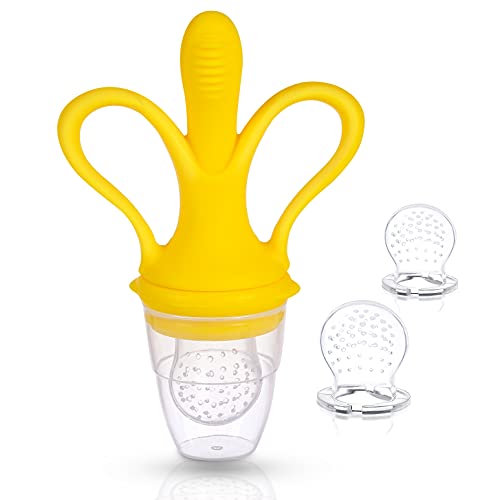 Baby Fruit Food Feeder Pacifier,Silicone Baby Teether Fresh Frozen Fruit Teether Toy-2 in 1 Silicone Fruit Feeder and Teether for Baby Infant Teething Toys,with Travel Case(Yellow)
