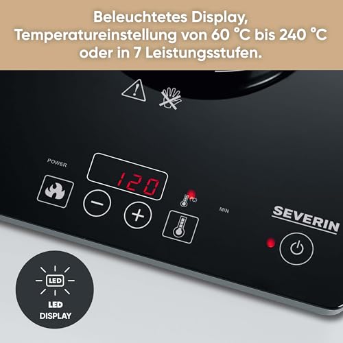 SEVERIN Kochplatte Induktion, für Küche, Büro oder Camping, hochwertige Herdplatte mit stufenloser Temperatureinstellung, Campingkocher mit Glaskeramik-Kochfeld, schwarz, 2.000 W, KP 1071 – Bild 4