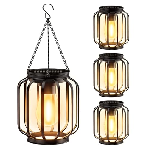Solar Hanging Lanterns Outdoor Waterproof: 4 Pack Metal Solar-Powered Lights with Hook, Bright Warm Lantern Decor for Outside, Classic Outdoor Lighting for Yard Garden Patio Porch Balcony Decorations