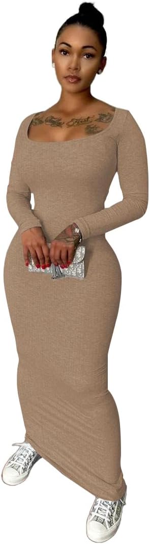 Nimsruc Sexy Crew Neck Lounge Long Dress Fitted Long Sleeve Ribbed Bodycon Maxi Dresses for Women 2024