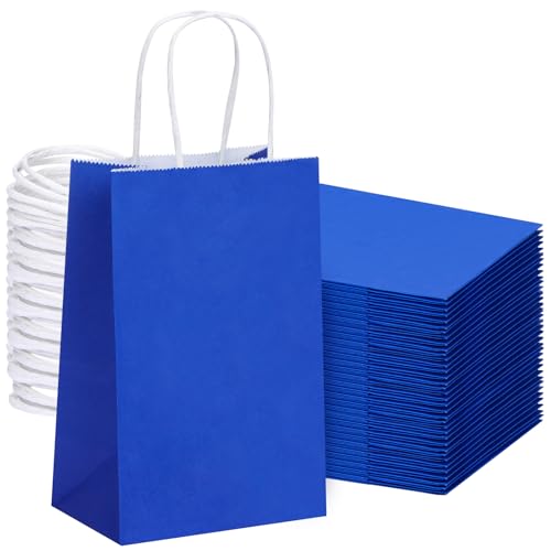 OUTUXED 60pcs 5.25x3.2x8in Blue Paper Bags with Handles Small Blue Gift Bags Bulk for Gift Shopping Birthday Wedding Business Party