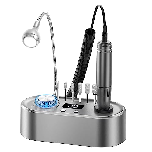 Electric Nail Drill Machine, 40000RPM Professional Efile Nail Drill Kit for Gel Acrylic Nails,High Speed Low Vibration Low Heat Nail Grinding with LED Light, 7 Bits, F/R Rotation, LCD Screen (Grey)