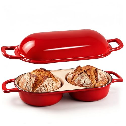 Double Dutch Oven Bread Baker Cast Iron Sourdough Baking Pan with Lid Dual Loaf Artisan Bread Cooker Small Dutch Oven for Bread Baking for Home Kitchen Professional 500F Heat Resistant Red Enamel