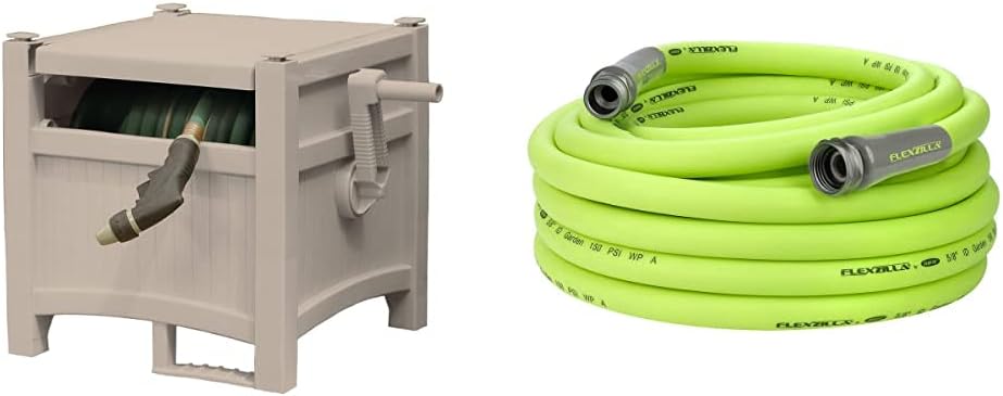 Suncast Resin Outdoor Hideaway 100 ft Durable Storage Reel with Crank Handle and Lid 100' Hose Capacity, Taupe & Flexzilla HFZG550YW Garden Lead-In Hose 5/8 In. x 50 ft