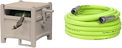 Resin Outdoor Hideaway 100 ft Durable Storage Reel with Crank Handle and Lid 100' Hose Capacity, Taupe & Flexzilla HFZG550YW Garden Lead-In Hose 5/8 In. x 50 ft