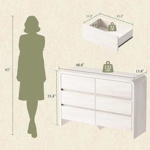 Image of AMERLIFE 6 Drawer Dresser for Bedroom, 49 inch Wide Modern Storage Cabinet with Rounded Edges & Anti-Tip Kit, Wood Chest of Drawers for Closet, Hallway (White, 15.8 inch D*48.8 inch W*33.3 inch H(6 Drawers))