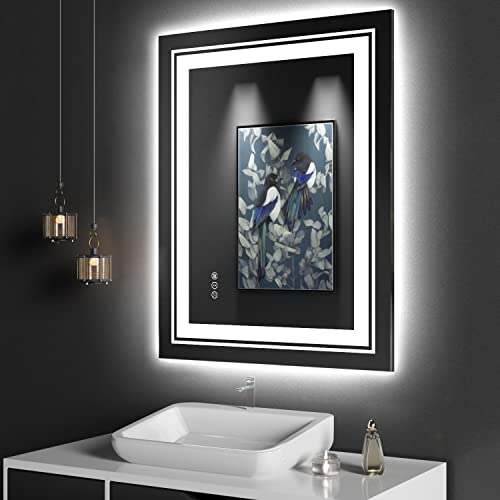 LED Bathroom Mirror, 28"x36" with Front and Backlit, Anti-Fog, Bathroom Vanity Mirror for Wall, Memory Function, Stepless Dimmable, Tempered Glass (Horizontal/Vertical)
