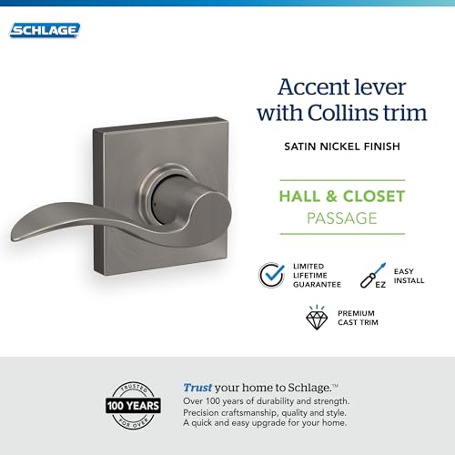 Image of SCHLAGE Accent Lever with Collins Trim Hall and Closet Lock in Satin Nickel - F10 ACC 619 COL