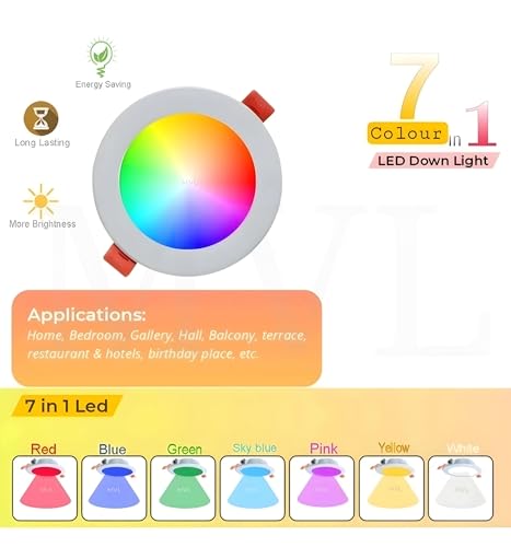 Image of MVL 9 Watt 7 in 1 Multicolour Ceiling Downlight Led Light (Red /Pink /Blue /Yellow /Violet /Green /Sky Blue /White) Pack of 4