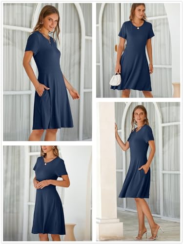 Image of Newshows Womens 2025 Summer Dresses Short Sleeve Ribbed Knit A-Line Swing Beach Vacation Outfits Casual Sundress with Pockets