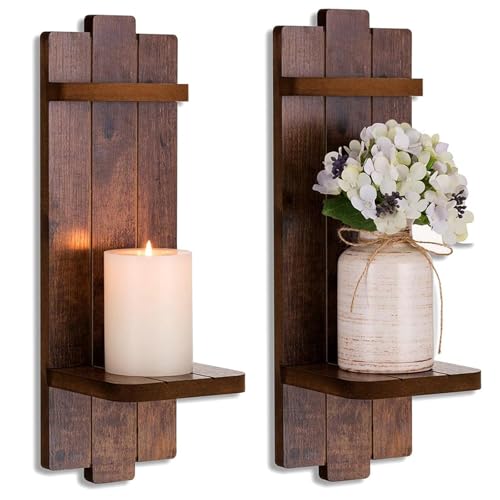 Rustic Candle Holder Farmhouse Wall Decor - Brown Candle Sconces Set of Two Wooden Vintage Hanging Wall Decoration for Fireplace Mantel Living Room Bedroom Dining Room