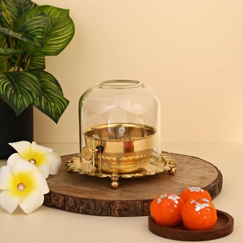 Image of Ein Sof Akhand Diya with Adjustable Bati for Pooja (5 inches), Large Size Brass Diyas with Wick Lifting Screw Lever & Borosilicate Glass Cover for Home Decoration, Puja & Gifting (250ml, 48 Hour)