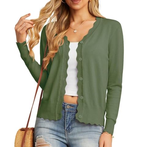 Image of GRECERELLE Women's Cardigans Knit Long Sleeve V Neck Button Down Lightweight Ladies Scalloped Shrugs Jumper Cardigan for Dresses Summer (Army Green, M)
