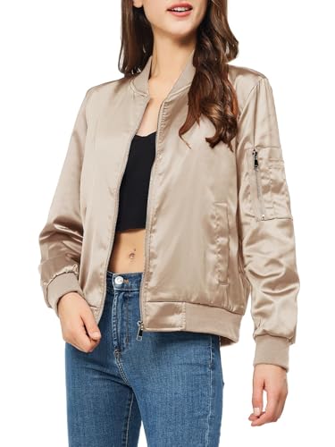 Rasujie Satin Bomber Jacket Women Zip Up Varsity Jacket Fall Windbreaker Outerwear with Pockets Champagne Medium