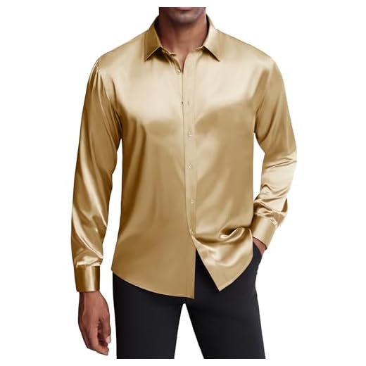 J.VER Camisa social masculina de cetim de seda manga longa brilhante casual com botões camisas de festa de formatura de luxo, Campeão dourado, G