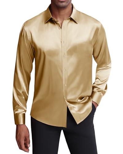 J.VER Men's Silk Satin Long Sleeve Dress Shirts Shiny Casual Button Down Shirt Luxury Party Prom Shirts