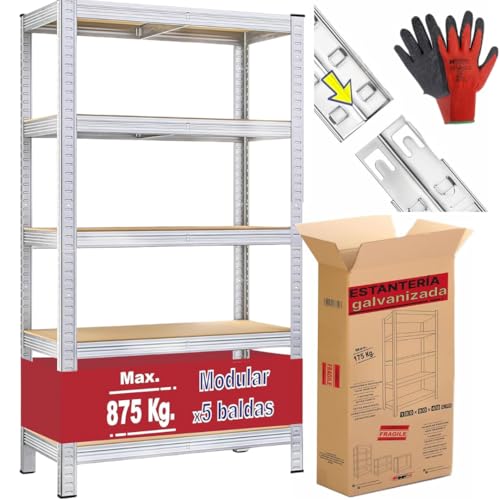 Moov-it Estantería Metálica 180x90x40cm – 5 Baldas | Estanterías Almacenaje Cocina, Trastero, Garaje | Estantería Metálica Galvanizada | Estante Resistente 875kg