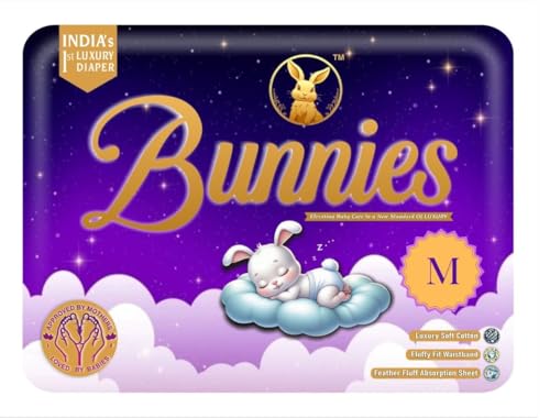 Image of Bunnies Premium All Night Absorb Pant Style Baby Diapers, Medium (M) Size 7-12kg, Pack of 100 Ultra Soft Babies Diapers with Leakage Guard & Anti-Bacterial with 12 Hours Absorption