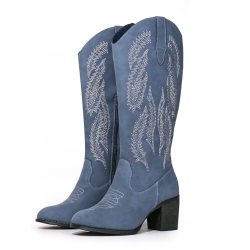 Cowboy Boots For Women Retro Classic Embroidered Western Boots Cowgirl Boots with Chunky Block Heel Pull On Side Zipper Round Toe Mid Calf Boots