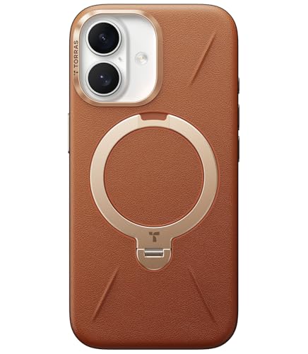 TORRAS iPhone 17 用 ケース【新感覚レザー・スキンタッチ】Ostand Q3 レザートーン MagSafe対応 リング スタンド 360°定点回転 縦横両対応 マグネット搭載 革 カメラコントロールボタン 米軍規格 耐衝撃 指紋防止 アンバー・ブラウン