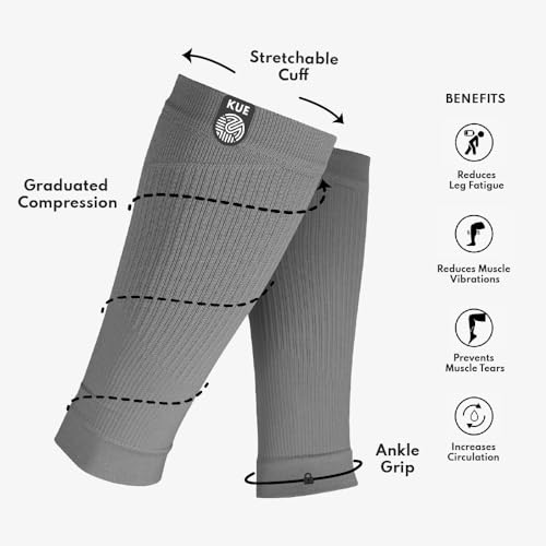 Image of KUE Compression calf sleeves for men and women | Running, Sports Activity | Improved Blood Circulation, Swelling, Calf Support in Muscle Fatigue & Recovery (Grey, S /M)