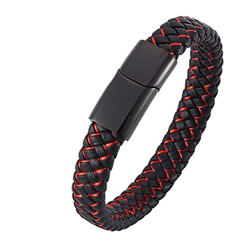 Aotiwe Stainless Steel Bracelet, Gothic Stainless Steel Jewelry Simple Style Braided Leather Cord Bracelet Black Red 18.5Cm