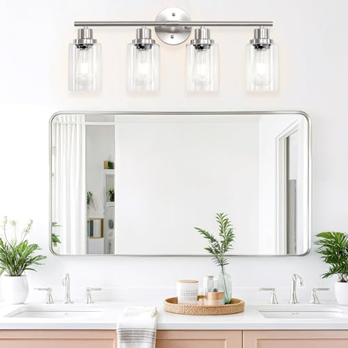 Image of 4-Light Nickel Bathroom Light Fixtures, E26 Modern Vanity Lights for Bathroom with Clear Glass Shade, Wall Lamps for Mirror Hallway Kitchen Cabinet Living Room Sconces Lights