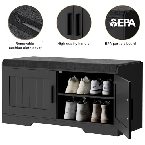 2-Tier Storage Bench, Shoe Bench with Thickened Padded Seat Cushion, Entryway Bench with 2 Doors, Adjustable Shelf, 13.8" D x 37.4" W x 18.5" H, for Entryway, Living Room, Bedroom, Black