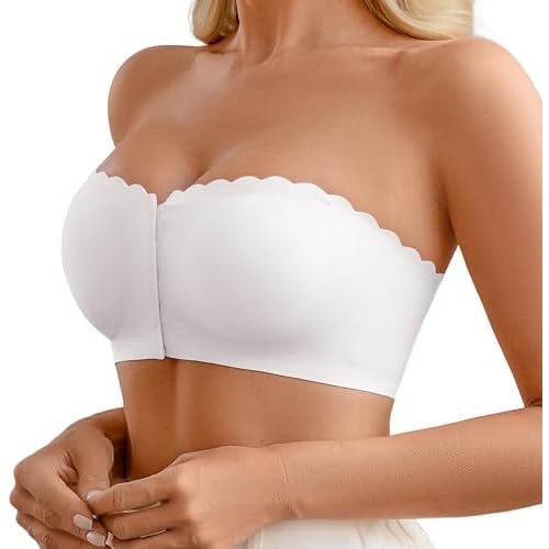 DEANGELMON Wireless Strapless Bras for Women Front Closure Non-Slip Padded Bandeau Bralette Comfort Wavy Edge Tube Top Bra White Small
