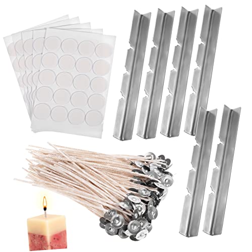 PERSELOSO Essential Candle Making Tools 120 Wicks 6 Wick Holders 5 Stickers for DIY Container Pillar Candles