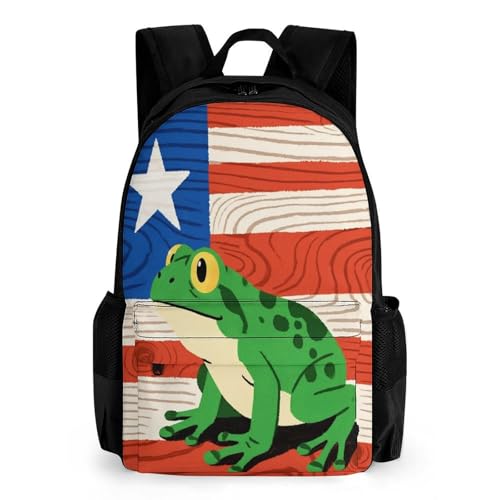 Supdreamc Polyester Daypack Bookbag for Gym Business Bicycle - Large Capacity Multipurpose Anti-Theft Carry On Bag, Puerto Rico Flag Frog Art Travel Hiking Daypack